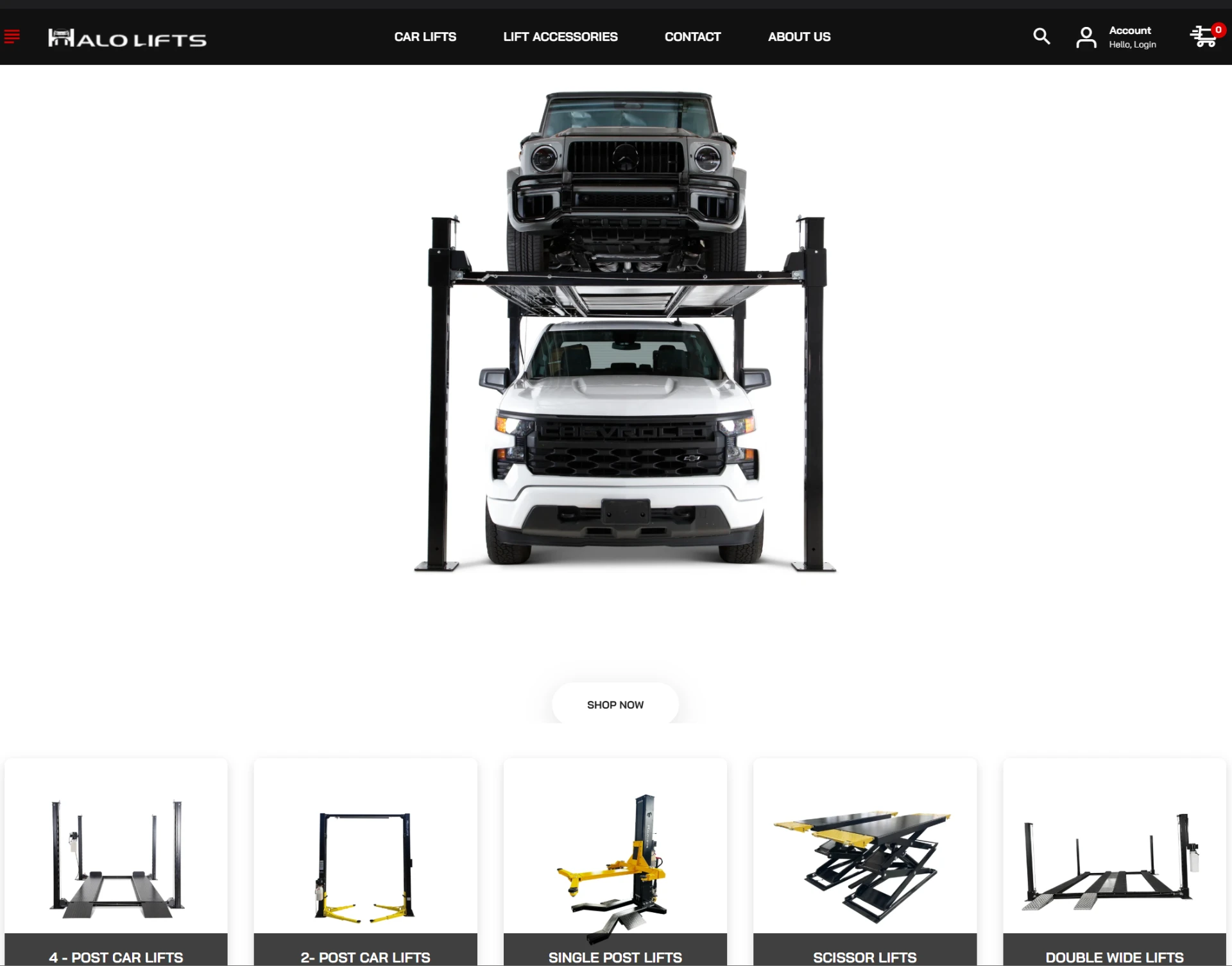 Halo Lifts homepage featuring car lift products and a Jeep on a four-post lift