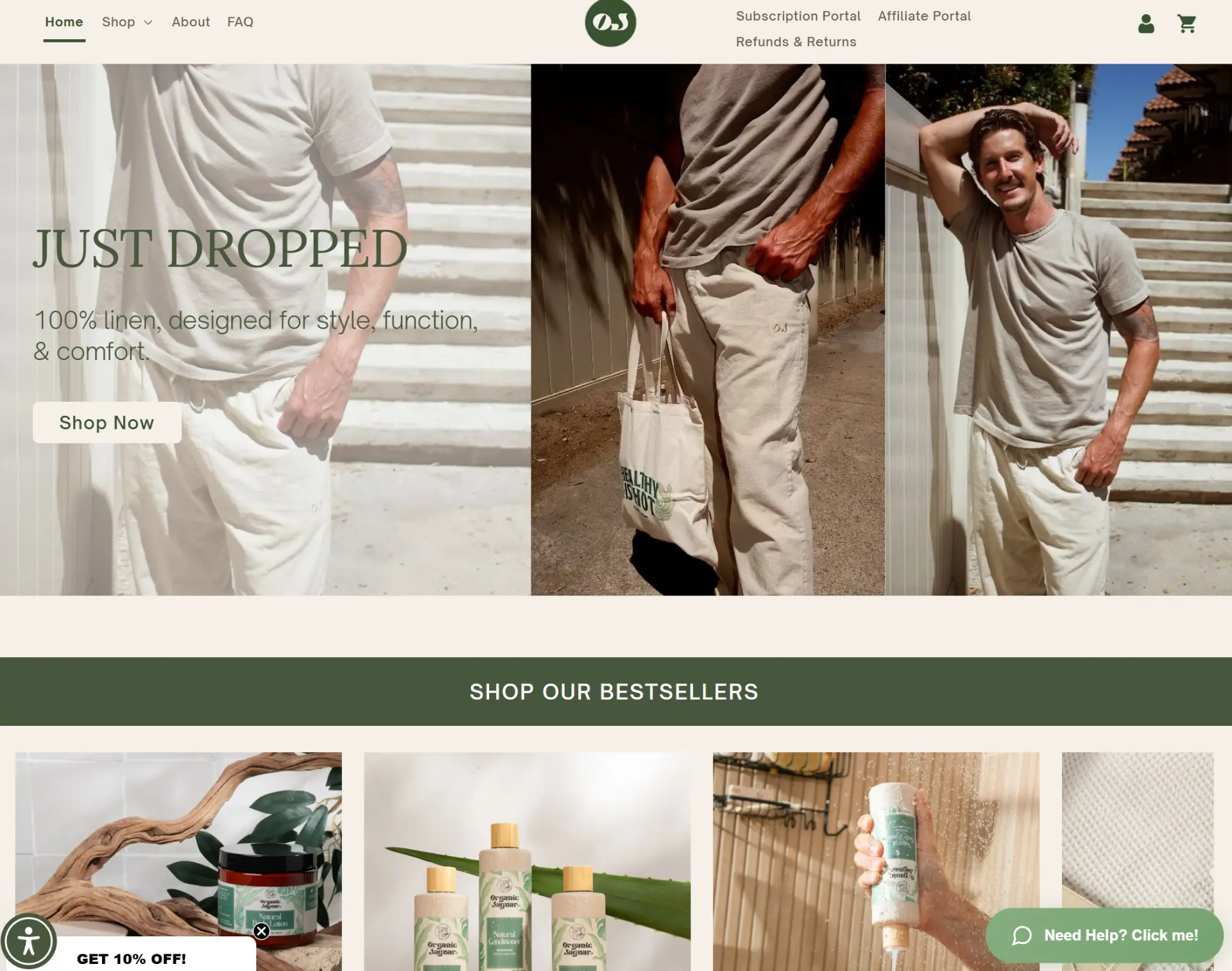 Organic Jaguar Shopify storefront homepage featuring natural body care products