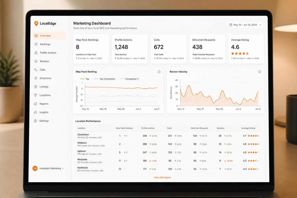 Local marketing performance report dashboard showing map pack rankings, profile actions, calls, and review velocity