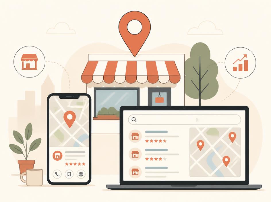 Storefront with map pin and local search results